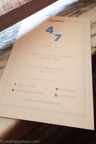 Cecconi's Happy Hour in West Hollywood.