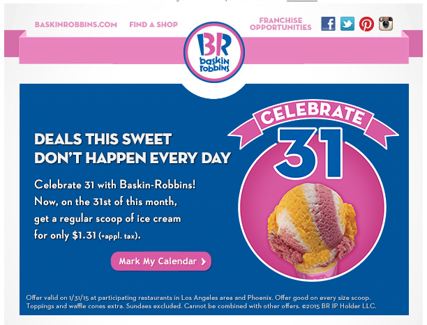 $1.31 Scoops of Ice Cream at Baskin Robbins on January 31st, 2015