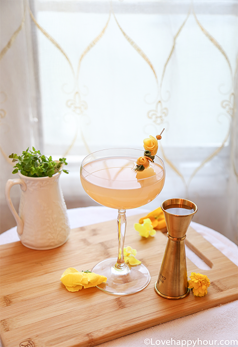 St. Patrick’s Day Cocktail: Pot Oro’ Gold.  #recipe #StPatricksDay #champagne #gin #grapefruit @lovehappyhour