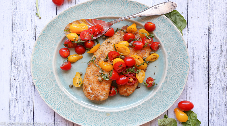 Pan Fried Tilapia with Tomatoes, Basil and Capers by Maren Swanson. #recipe #tilapia