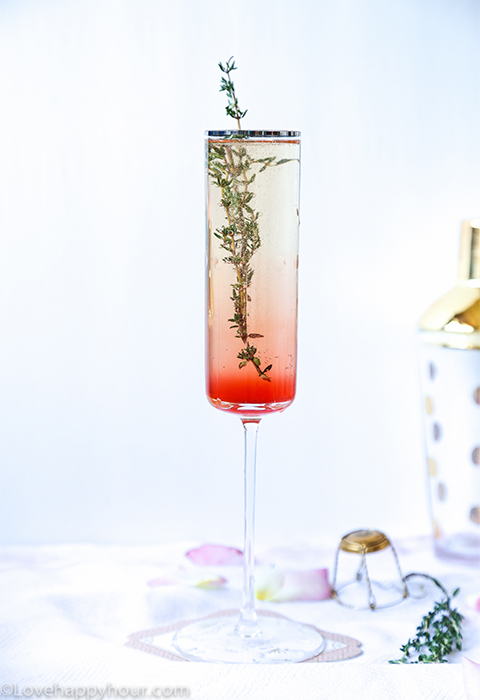 Coachella Cello Cocktail: Sparkling Wine, Strawberry-thyme Simple Syrup and Limoncello.