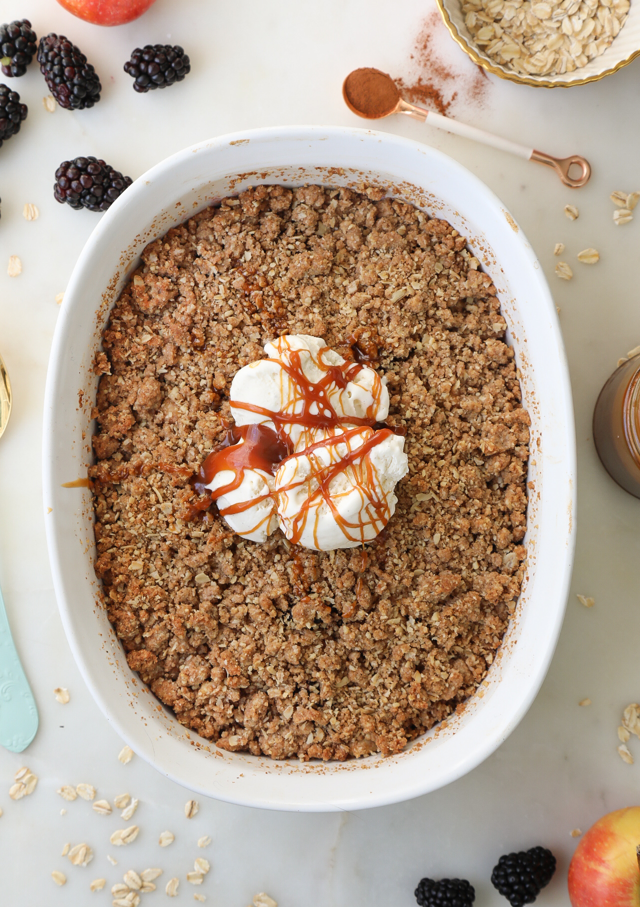 Apple Blackberry Crisp made with Honeycrisp apples and a whole wheat, walnut topping.