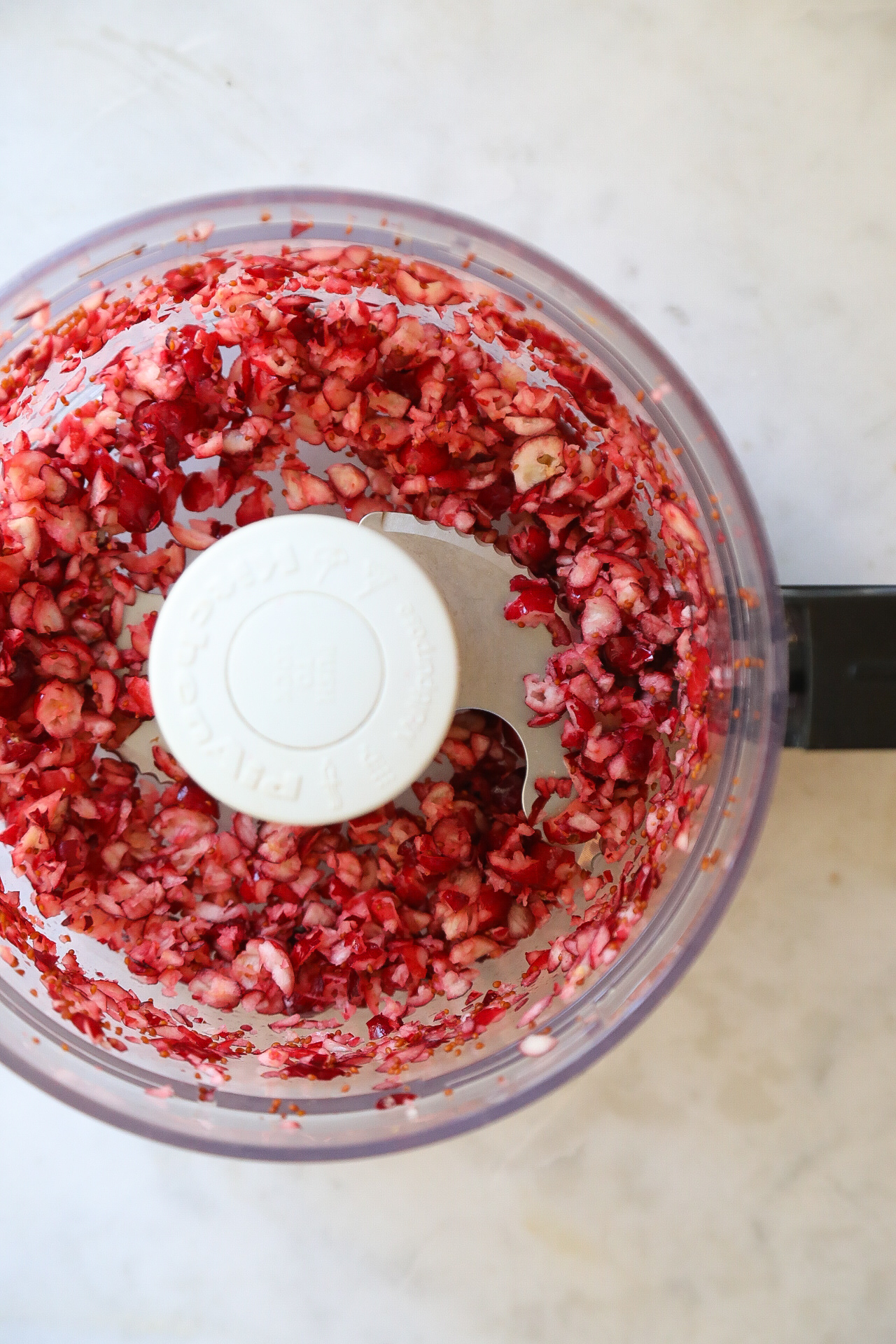 Cranberries pulsed in a food processor. 