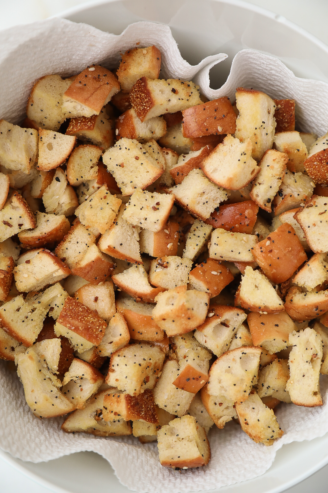 Everything Bagel Croutons made with Trader Joe's Everything but the Bagel Seasoning.