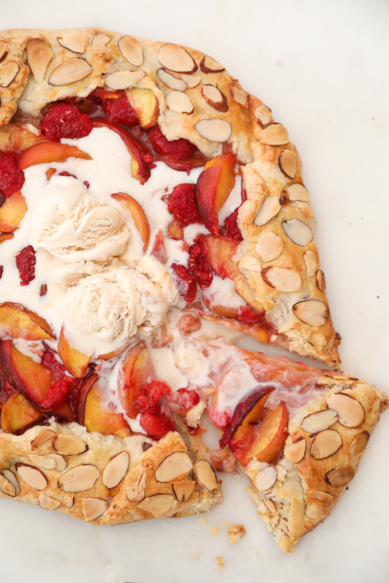 Peach and Raspberry Galette with Caramel Ice Cream.