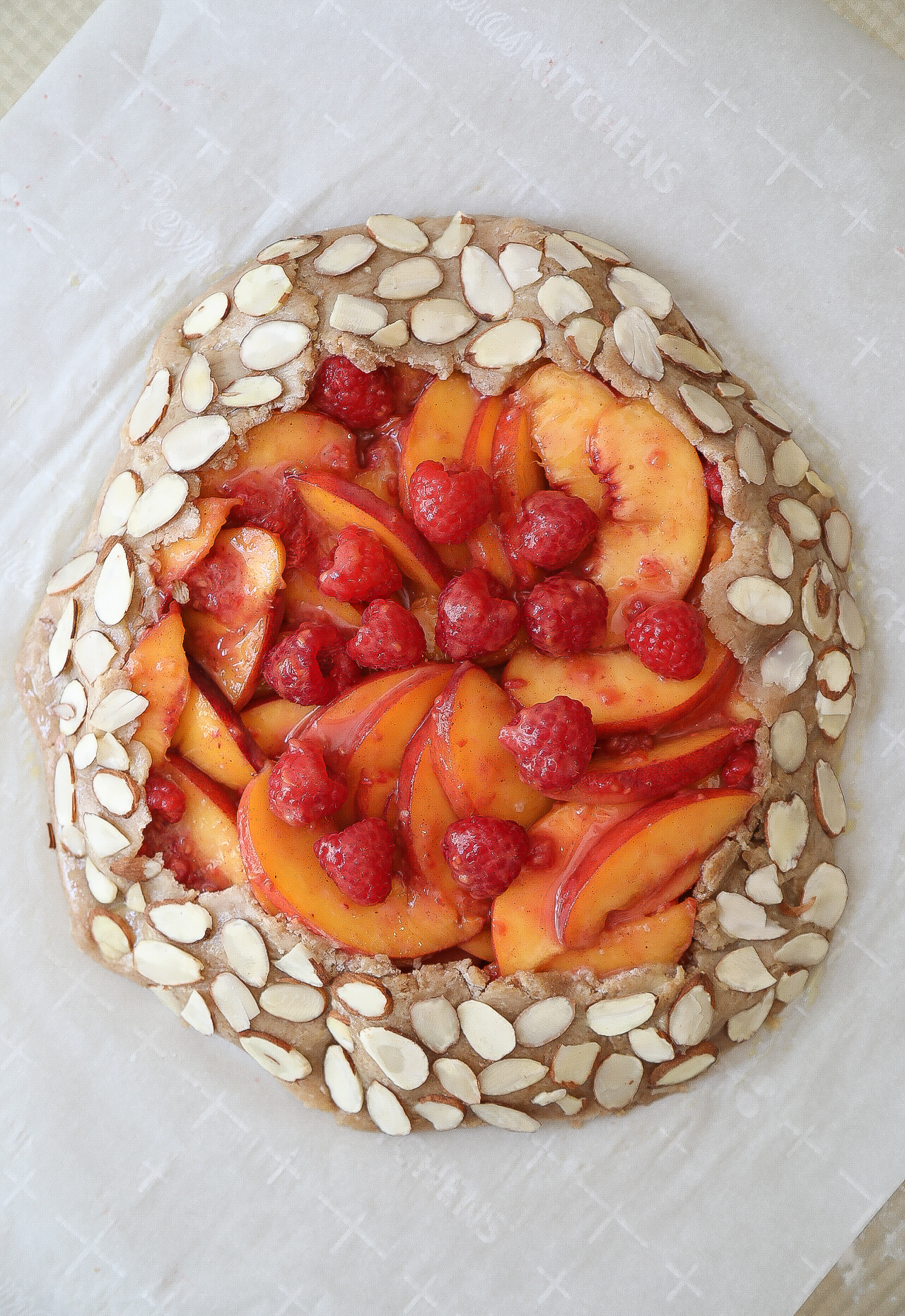 Peach and Raspberry Galette with Almond Crust.