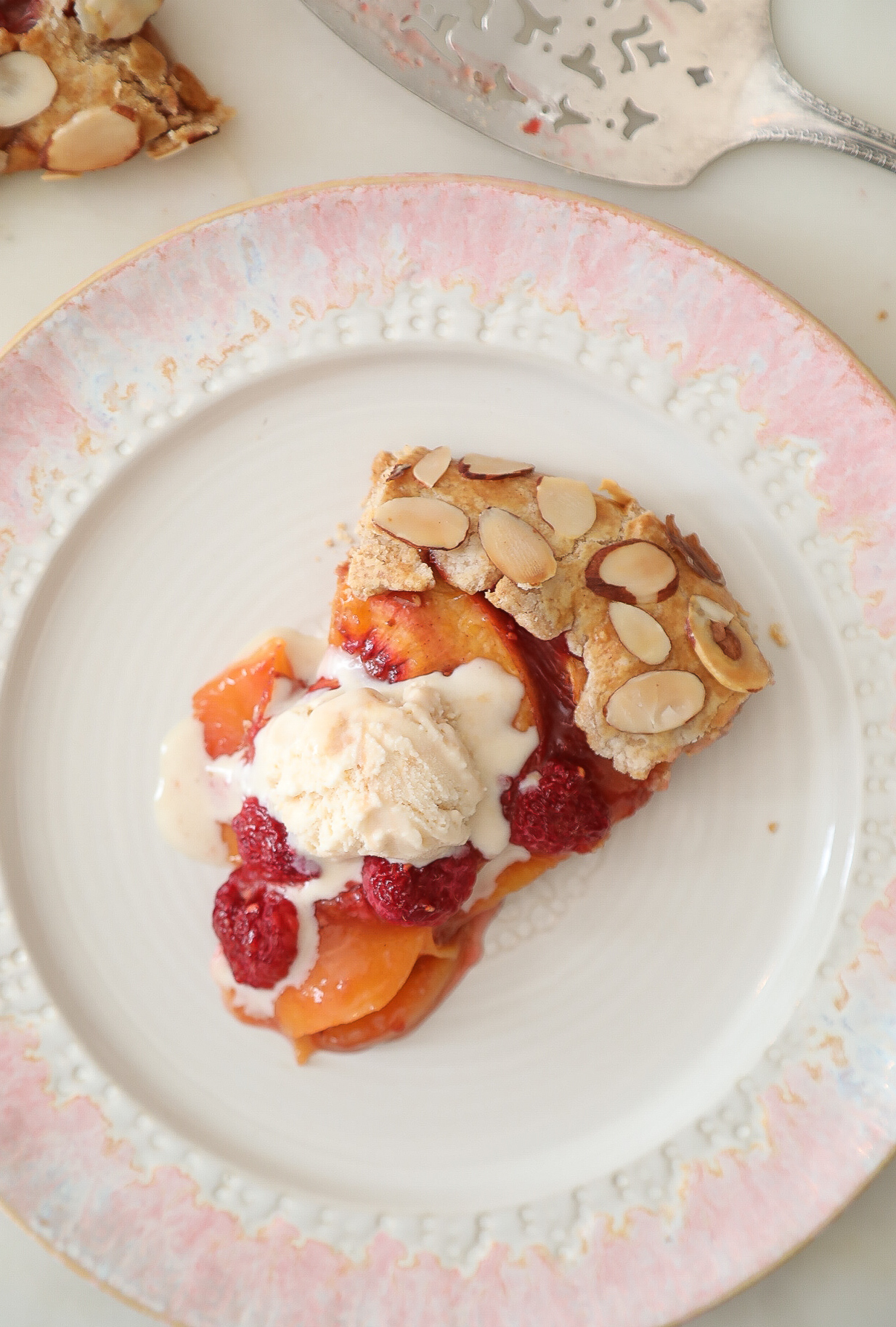 Peach and Raspberry Galette with Almond Crust.