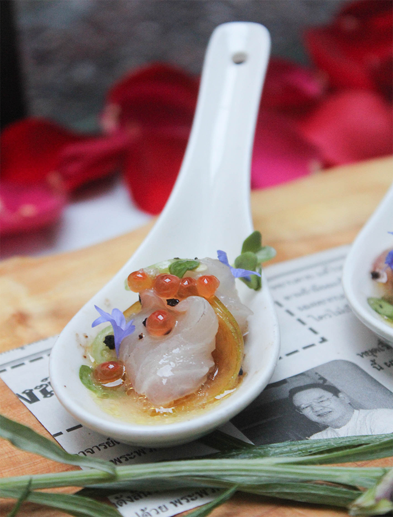 Kanpachi, Ikura, mouse cucumber, plum sauce at Acabar in Hollywood